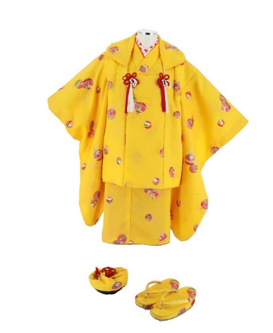 七五三 3歳女の子用被布[レトロシンプル](被布・着物)黄色地・小さめの鈴No.42M